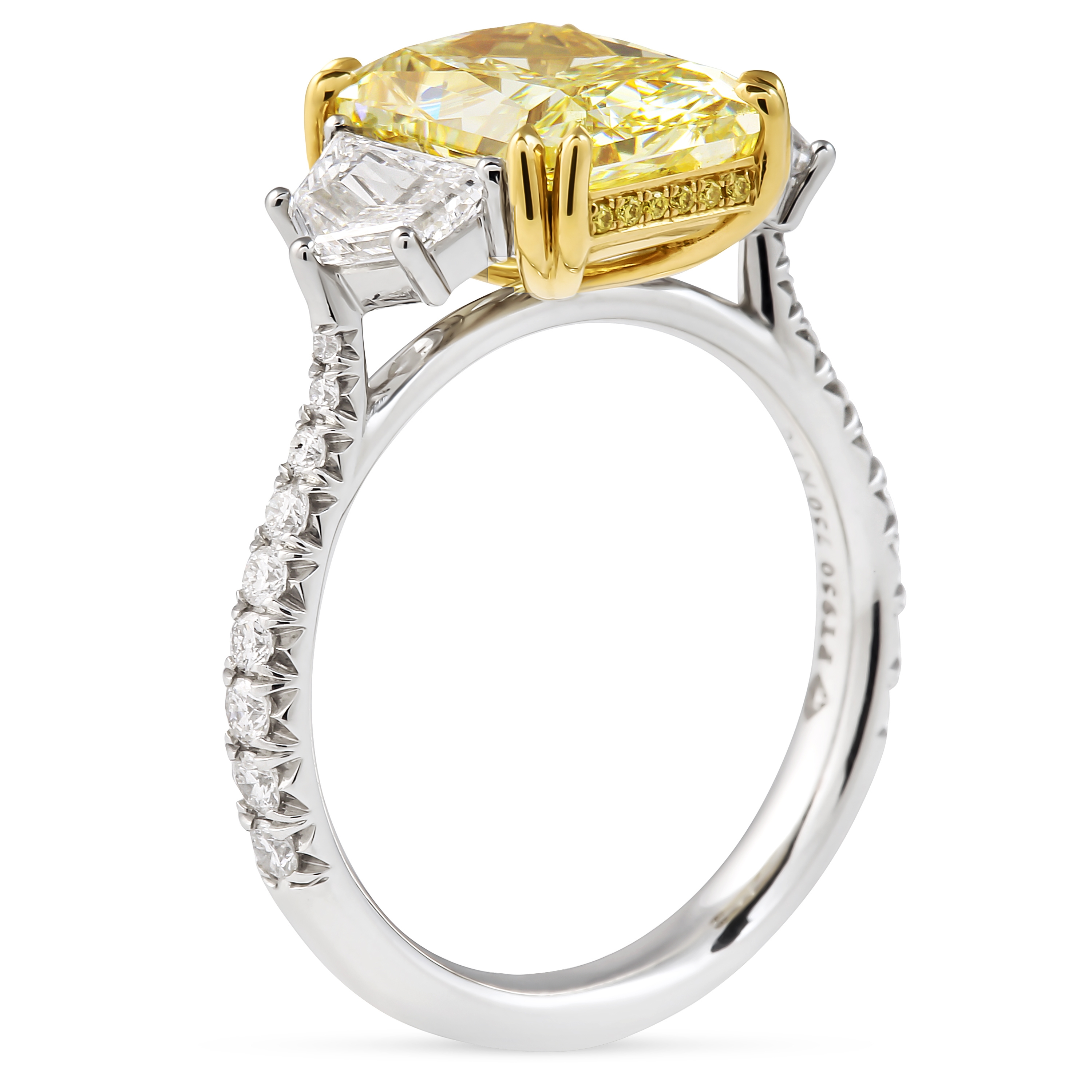 4.02 carat Fancy Yellow Radiant Diamond Three-Stone Ring flat
