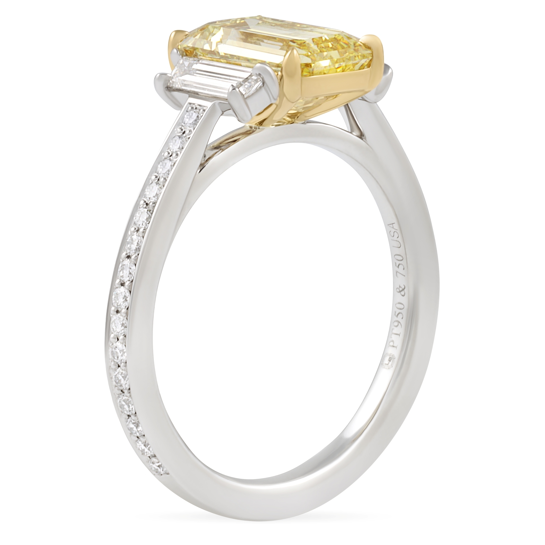2.01 carat Fancy Deep Yellow Emerald Cut Diamond Three-Stone Ring flat