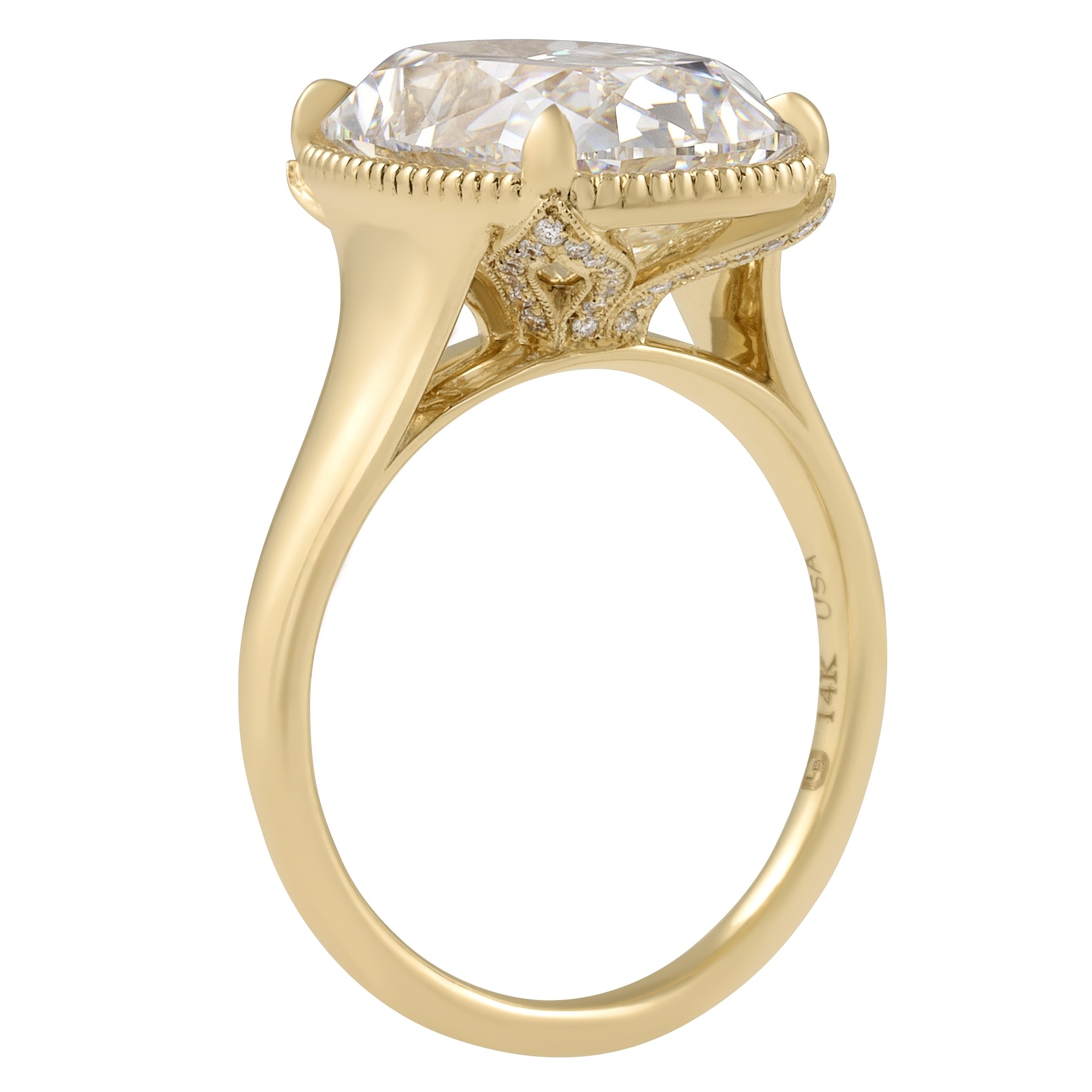 6.32 carat Antique Cushion Lab Diamond Milgrain Tapered Ring flat