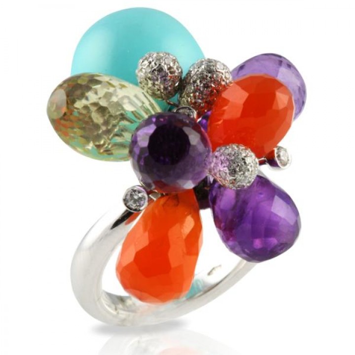 TURQUOISE AMETHYST CITRINE AND DIAMOND 18K WHITE GOLD RING