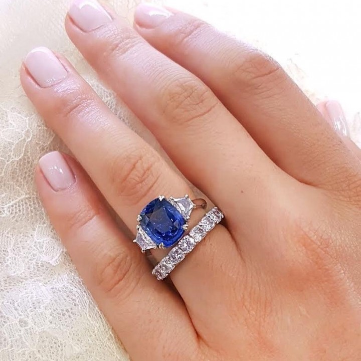 5.46 carat Cushion Sapphire and Diamond Three-Stone Ring