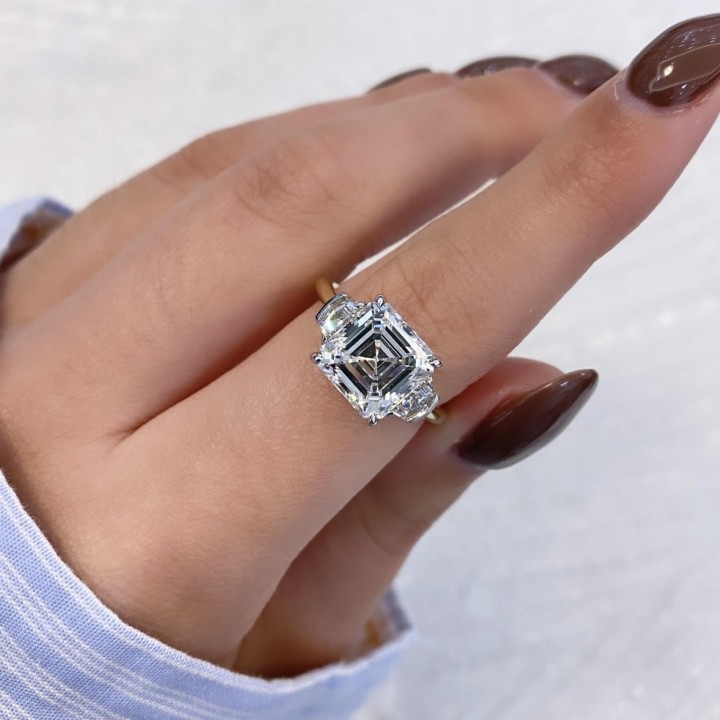 3.67 carat Asscher Cut Lab Diamond Three-Stone Engagement Ring flat