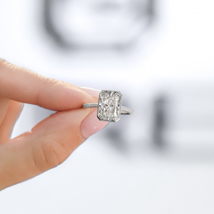 3.81 carat Radiant Cut Lab Diamond Bezel Set Ring flat