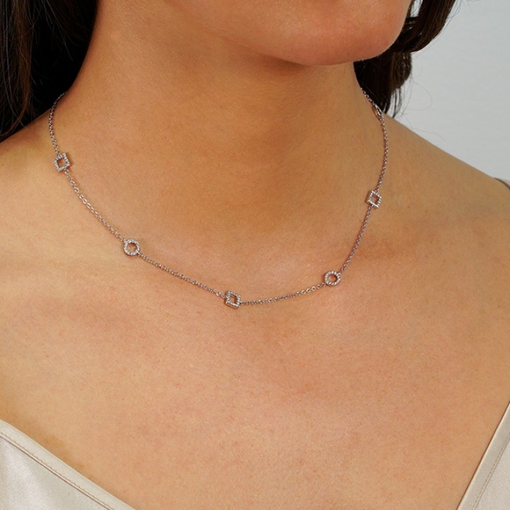 NECKLACE WITH PAVE DIAMOND CIRCLES AND SQUARES