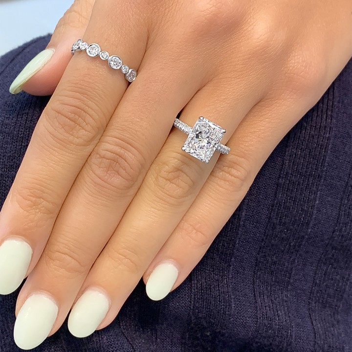 4.02ct Radiant Cut Diamond Three-Row Band Engagement Ring flat