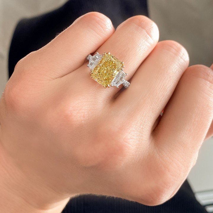 4.02 carat Fancy Yellow Radiant Diamond Three-Stone Ring flat