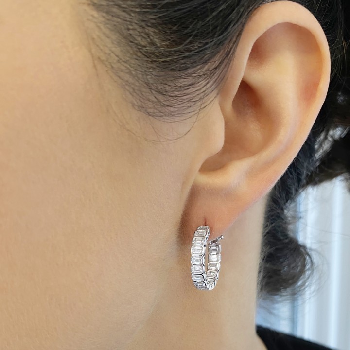 3.1 carat Emerald Cut Lab Diamond Bezel Hoop Earrings front