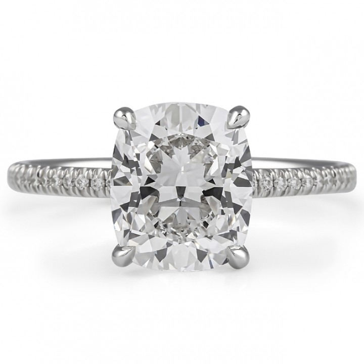 2.65 carat Cushion Cut Lab Diamond Pave Prong Engagement Ring flat