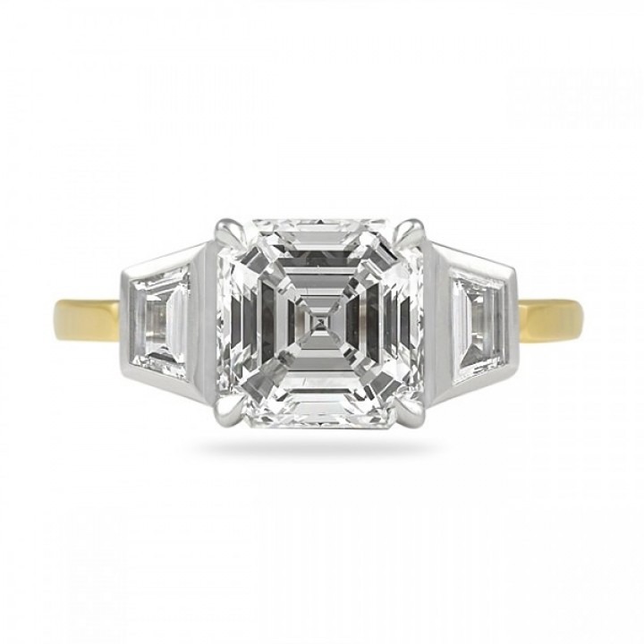 2.20 carat Asscher Cut Diamond Three-Stone Bezel Ring flat