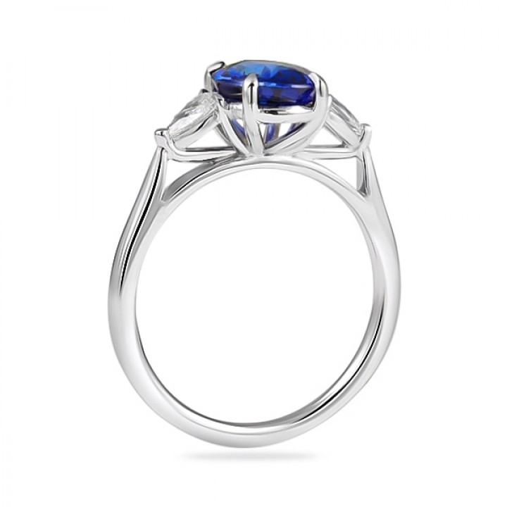Blue Oval Sapphire and Diamond Three-Stone Ring flat