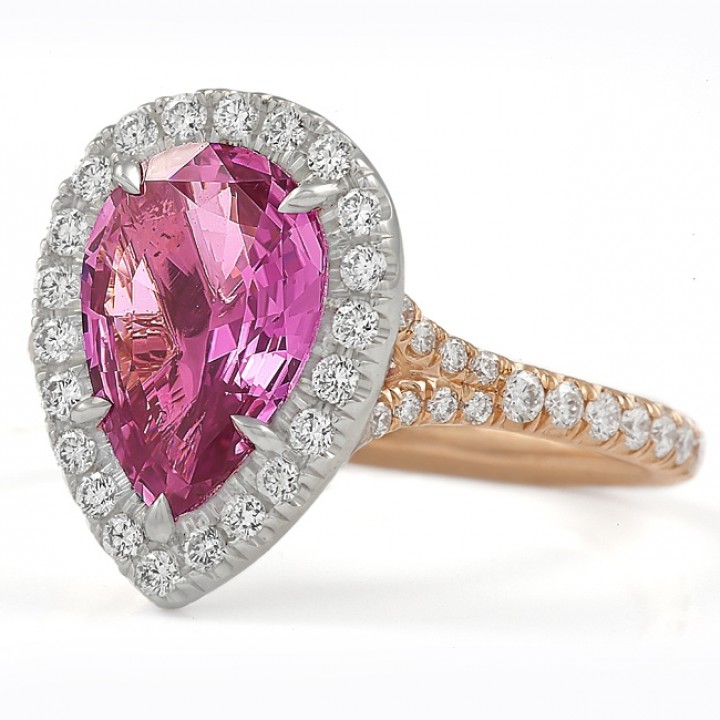Luxurious Pink Sapphire Halo Radiant Cut Engagement Ring from Black Diamonds  New York