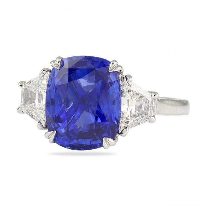 5.46 carat Cushion Sapphire and Diamond Three-Stone Ring