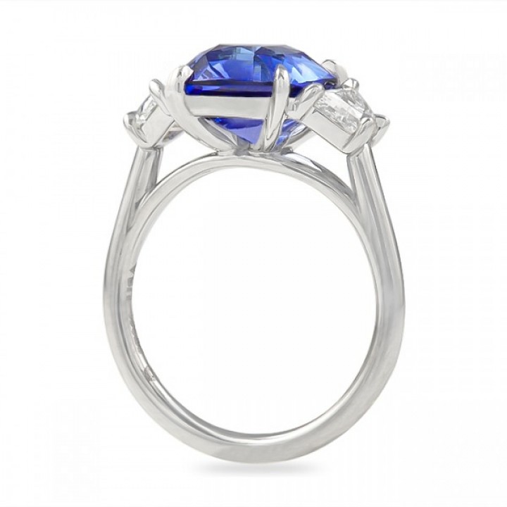 5.07 carat Cushion Cut Sapphire and Diamond Three-Stone Ring flat