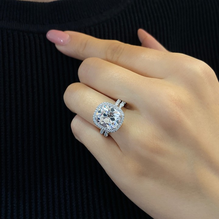 4.51 carat Antique Cushion Lab Diamond Halo Engagement Ring flat