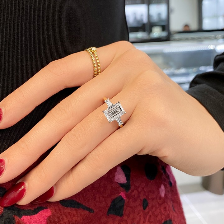 2.72 carat Emerald Cut Lab Diamond Three-Stone Engagement Ring flat