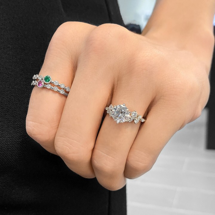 1.55 carat Round Lab Diamond Graduating Floral Engagement Ring flat
