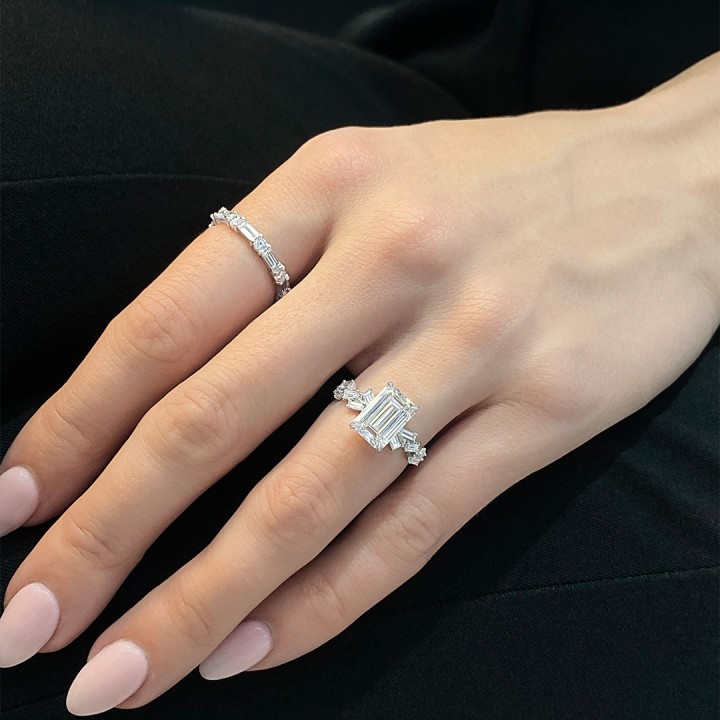 2.85 carat Emerald & Baguette Cut Lab Diamond Ring flat