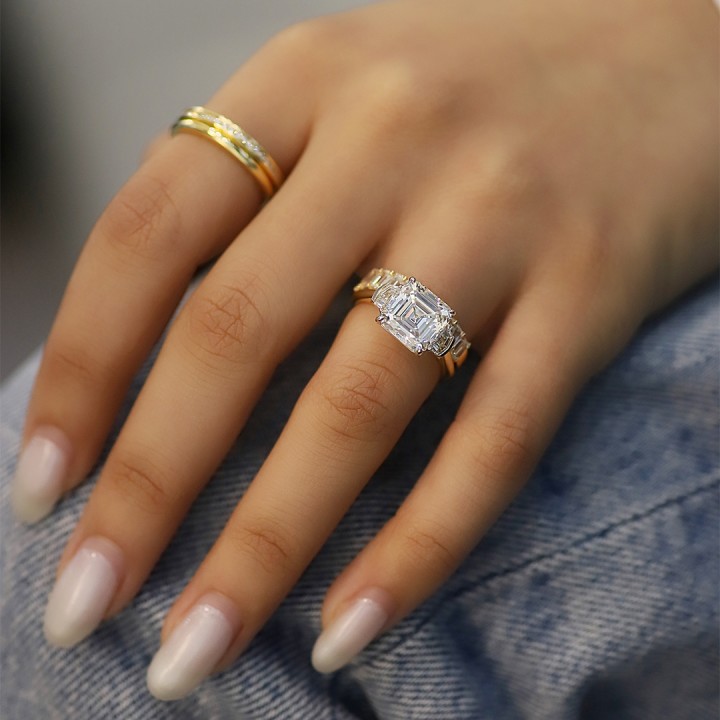3.67 carat Asscher Cut Lab Diamond Three-Stone Engagement Ring flat