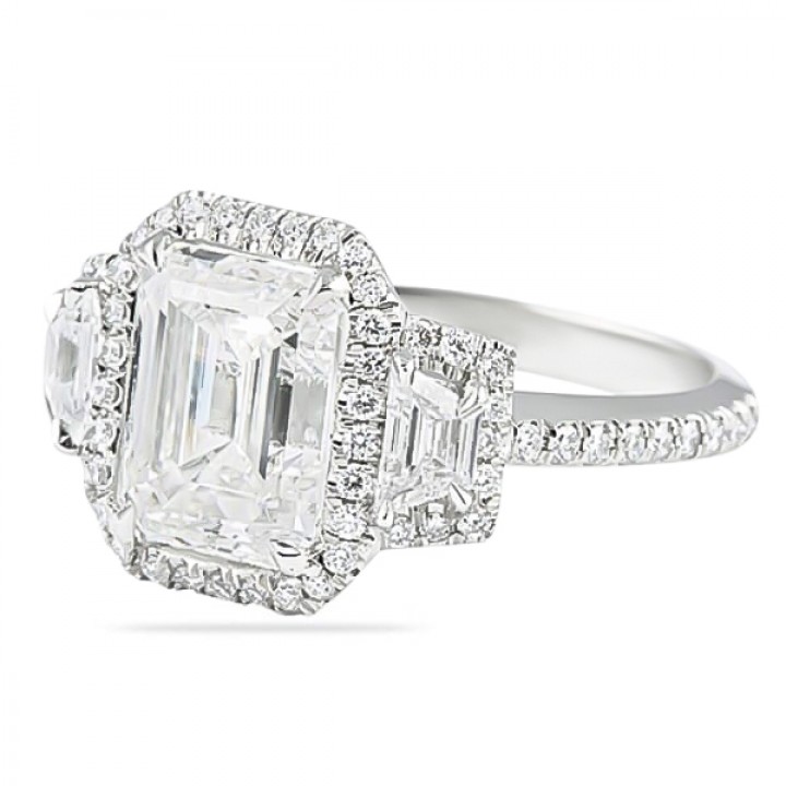 3.01 carat Emerald Cut Three-Stone Halo Engagement Ring flat