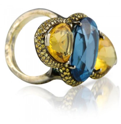 CITRINE AND BLUE TOPAZ WITH PAVE SAPPHIRE 18K BLACKENED GOLD RING