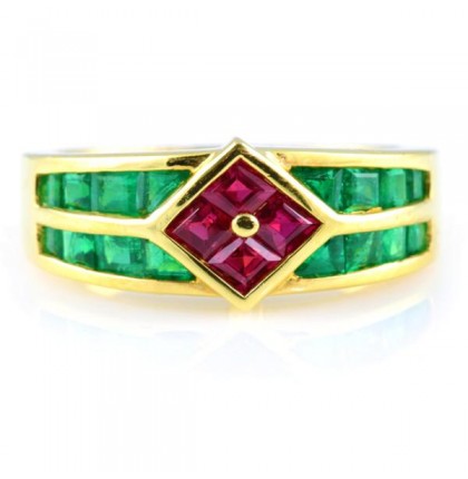 RUBY AND EMERALD 18K YELLOW GOLD RING