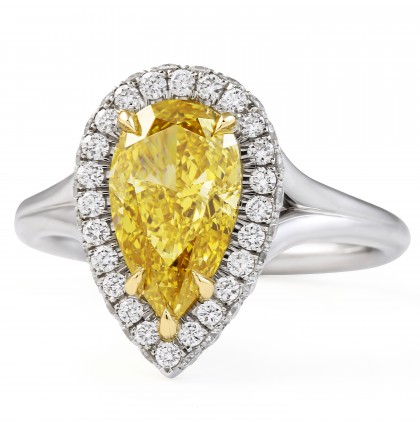 2.03 Carat Fancy Deep Yellow Pear Shape Diamond Halo Ring flat