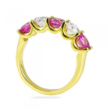 Pink Sapphire & Diamond Yellow Gold U-Shape Band flat