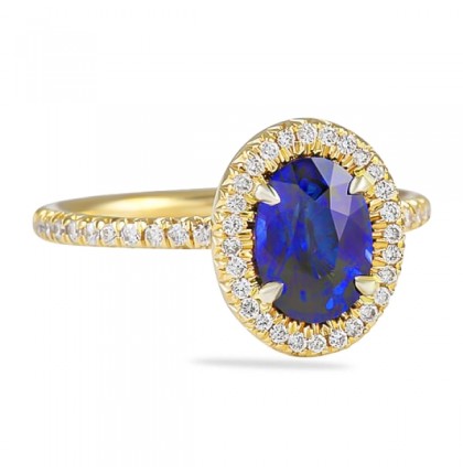 Sapphire and Diamond Yellow Gold Halo Ring flat