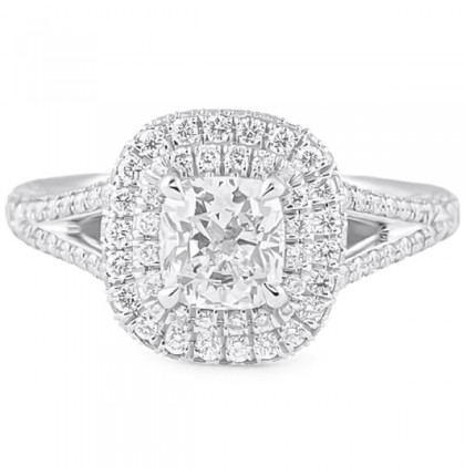 1.00 Carat Cushion Cut Diamond Double Halo Engagement Ring flat