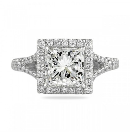 2.01ct Princess Cut Diamond Halo & Split Engagement Ring flat
