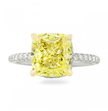 4.01 carat Fancy Intense Yellow Cushion Diamond Ring flat