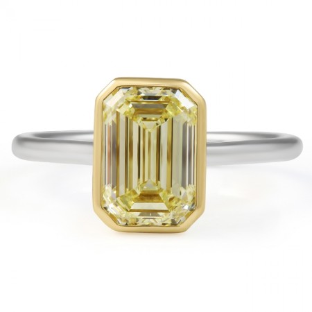 2.60 carat Yellow Emerald Cut Diamond Two-Tone Bezel Ring flat