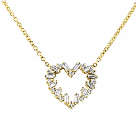 Baguette and Round Diamond Heart Shaped Necklace