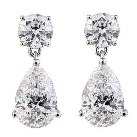 5.10 carat Round and Pear Shape Lab Diamond Drop Earrings front