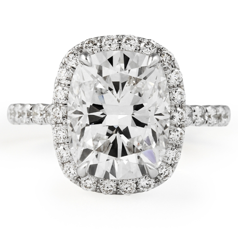 4 carat Cushion Cut Scalloped Doubled Edge Halo Ring flat