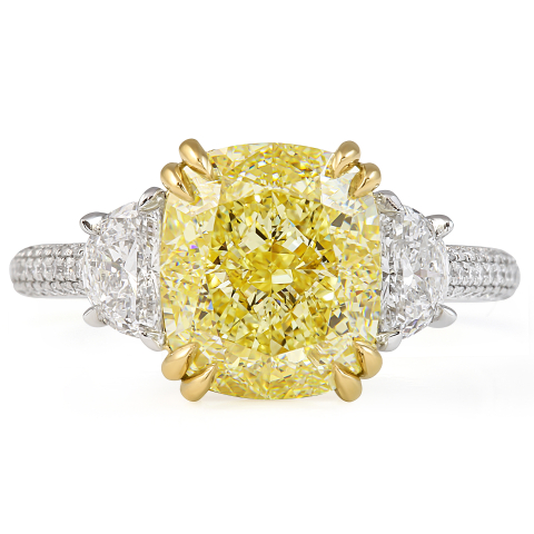 4.41 carat Yellow Cushion Cut Diamond Three-Stone Ring flat