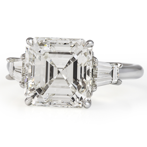 5.01 carat Asscher Cut Diamond Three-Stone Ring flat