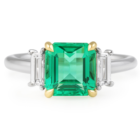 2.25 carat Step-Cut Green Emerald Three-Stone Ring flat