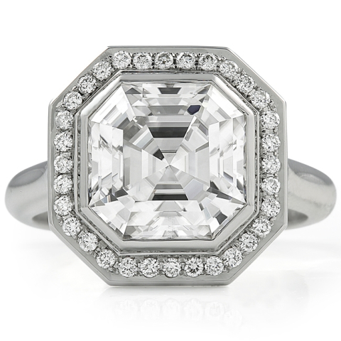 Asscher Cut Moissanite Bezel Set Halo Engagement Ring