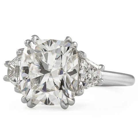 Cushion Cut Moissanite Three-Stone Engagement Ring white gold front view