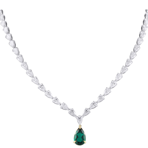 Pear Shape Lab Diamond Tennis Necklace with Green Emerald Drop front