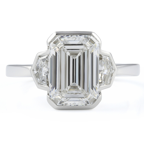 3.08 carat Emerald Cut Lab Diamond Bezel Set Three-Stone Ring flat