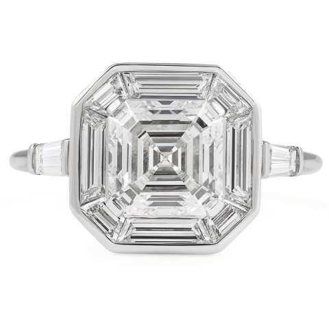 2.59 carat Asscher Cut Lab Diamond Baguette Halo Three-Stone Ring flat