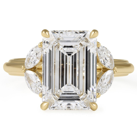 4.03 carat Emerald and Angled Marquise Lab Diamond Five Stone Ring flat