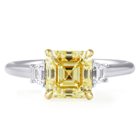 2.11 carat Asscher Cut Fancy Yellow Lab Diamond Three-Stone Ring flat
