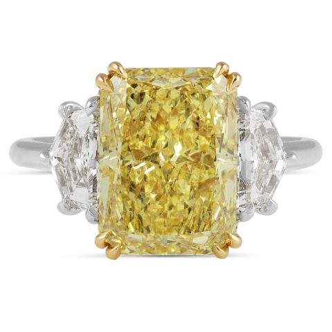 5.22 carat Fancy Yellow Radiant Lab Diamond Three-Stone Ring flat