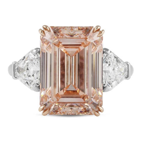 8.34 carat Fancy Pink Emerald Cut Lab Diamond Three-Stone Ring flat