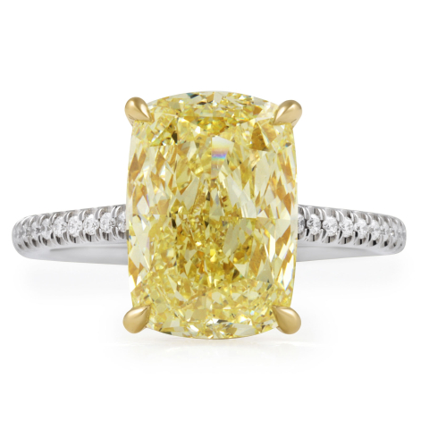 5 carat Fancy Yellow Cushion Cut Lab Diamond Engagement Ring flat