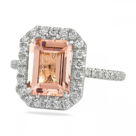 Step Cut Morganite And Diamond Halo Ring flat