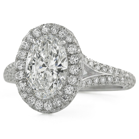 1.51 carat Oval Diamond Three-Row Band Halo Engagement Ring front view